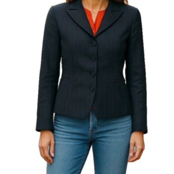 Tahari Tuxedo Style Blazer Sz 2 Black Pinstripe 4 Button Red Satin Lined - Picture 4 of 13